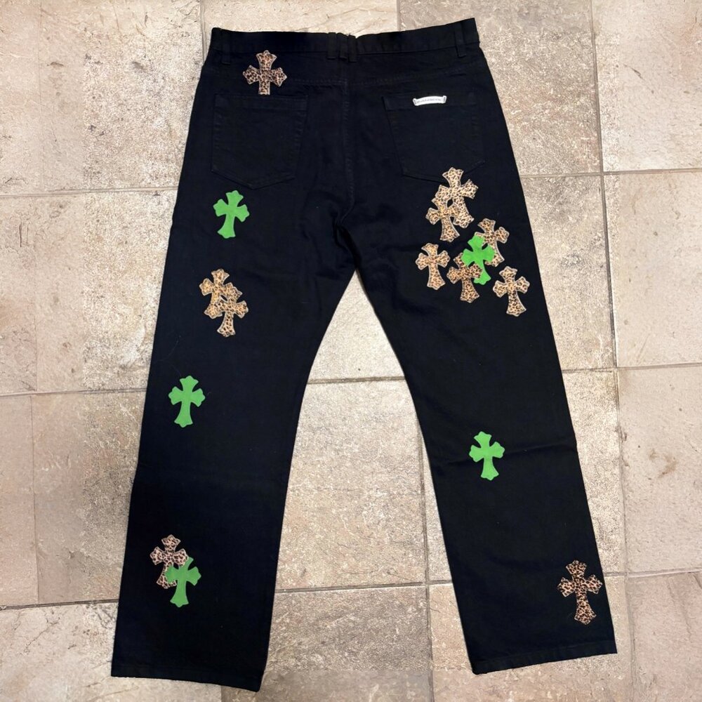 Chrome Hearts Green and Leopard Cross Patches Jeans Black Size 36 - Picture 2 of 15